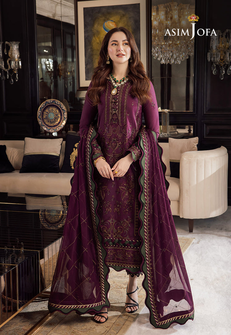 ASIM JOFA-3PC DHANAK EMBROIDERED SHIRT WITH DHANAK EMBROIDERED SHAWL & DHANAK TOUSER (SYT-150)