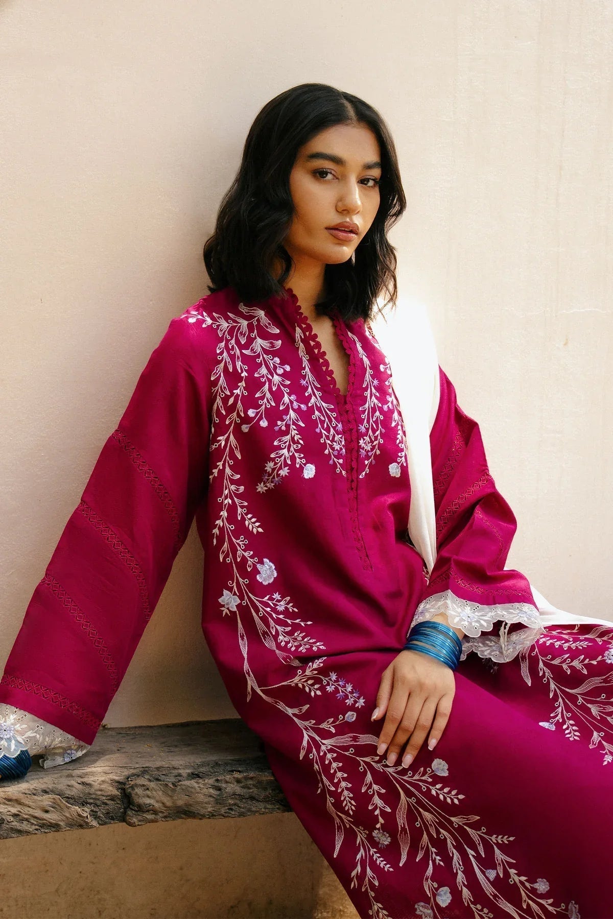 ZARA SHAHJAHAN-3PC DHANAK EMBROIDERED SHIRT WITH COTTON NET EMBROIDERED DUPATTA AND TROUSER (SYT-151)