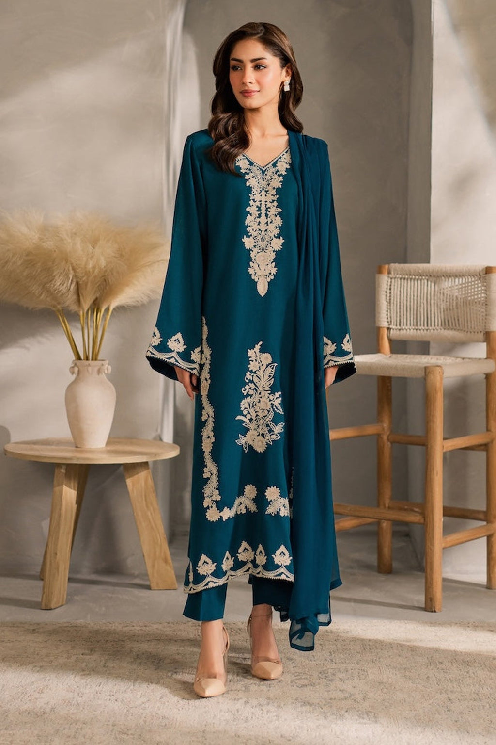 VINTAGE-3PC DHANAK EMBROIDERED SHIRT WITH BAMBER CHIFFON DUPATTA AND TROUSER SYT-152