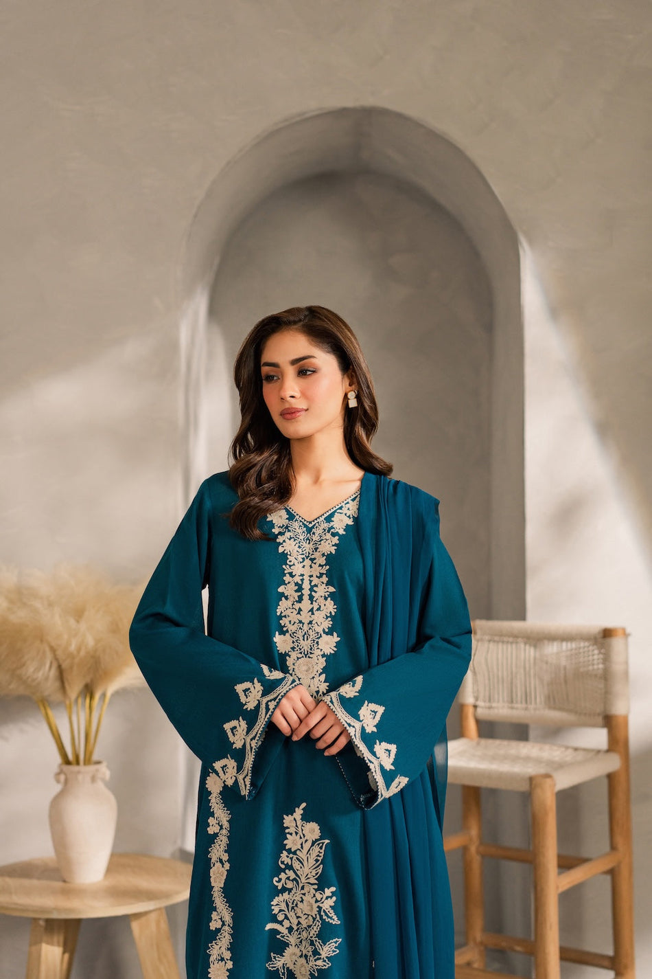 VINTAGE-3PC DHANAK EMBROIDERED SHIRT WITH BAMBER CHIFFON DUPATTA AND TROUSER SYT-152