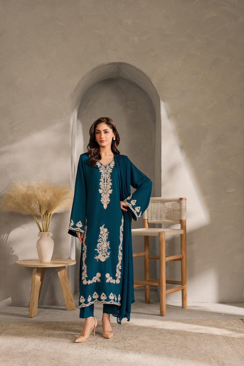 VINTAGE-3PC DHANAK EMBROIDERED SHIRT WITH BAMBER CHIFFON DUPATTA AND TROUSER SYT-152