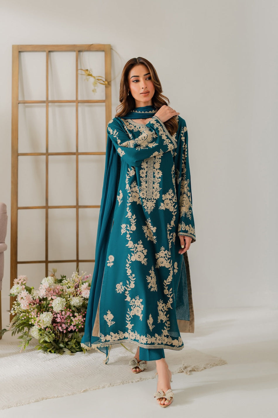 VINTAGE-3PC DHANAK EMBROIDERED SHIRT WITH BAMBER CHIFFON DUPATTA AND TROUSER (SYT-155)