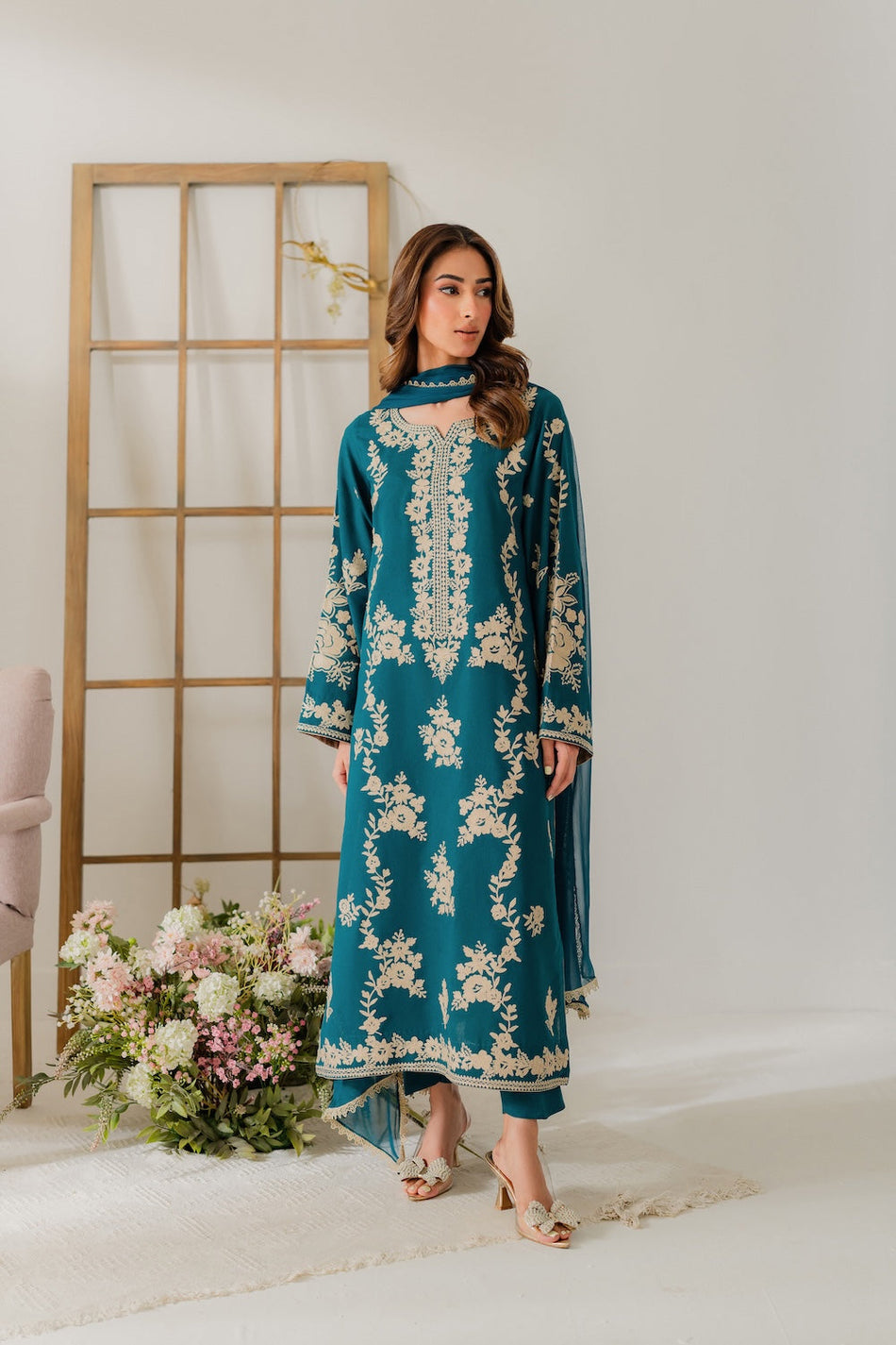 VINTAGE-3PC DHANAK EMBROIDERED SHIRT WITH BAMBER CHIFFON DUPATTA AND TROUSER (SYT-155)