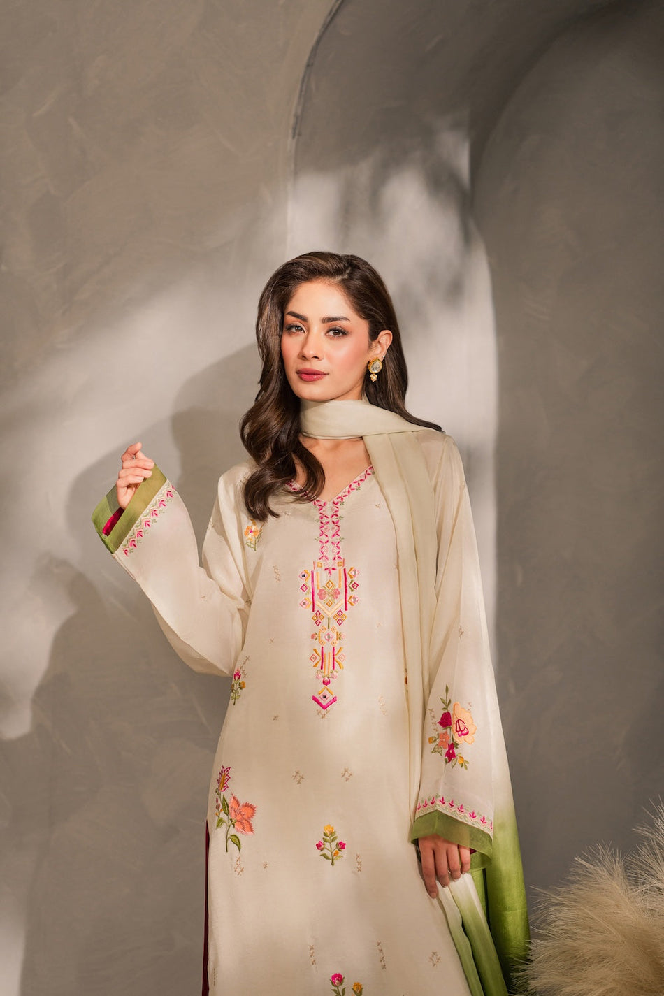 MIRANA-3PC DHANAK EMBROIDERED SHIRT WITH BAMBER CHIFFON DUPATTA AND TROUSER (SYT-156)