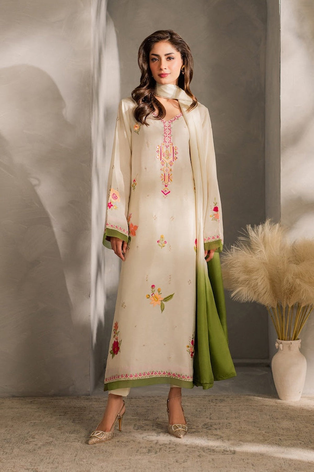 MIRANA-3PC DHANAK EMBROIDERED SHIRT WITH BAMBER CHIFFON DUPATTA AND TROUSER (SYT-156)