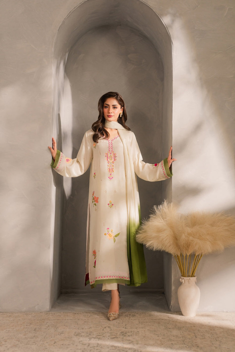 MIRANA-3PC DHANAK EMBROIDERED SHIRT WITH BAMBER CHIFFON DUPATTA AND TROUSER (SYT-156)