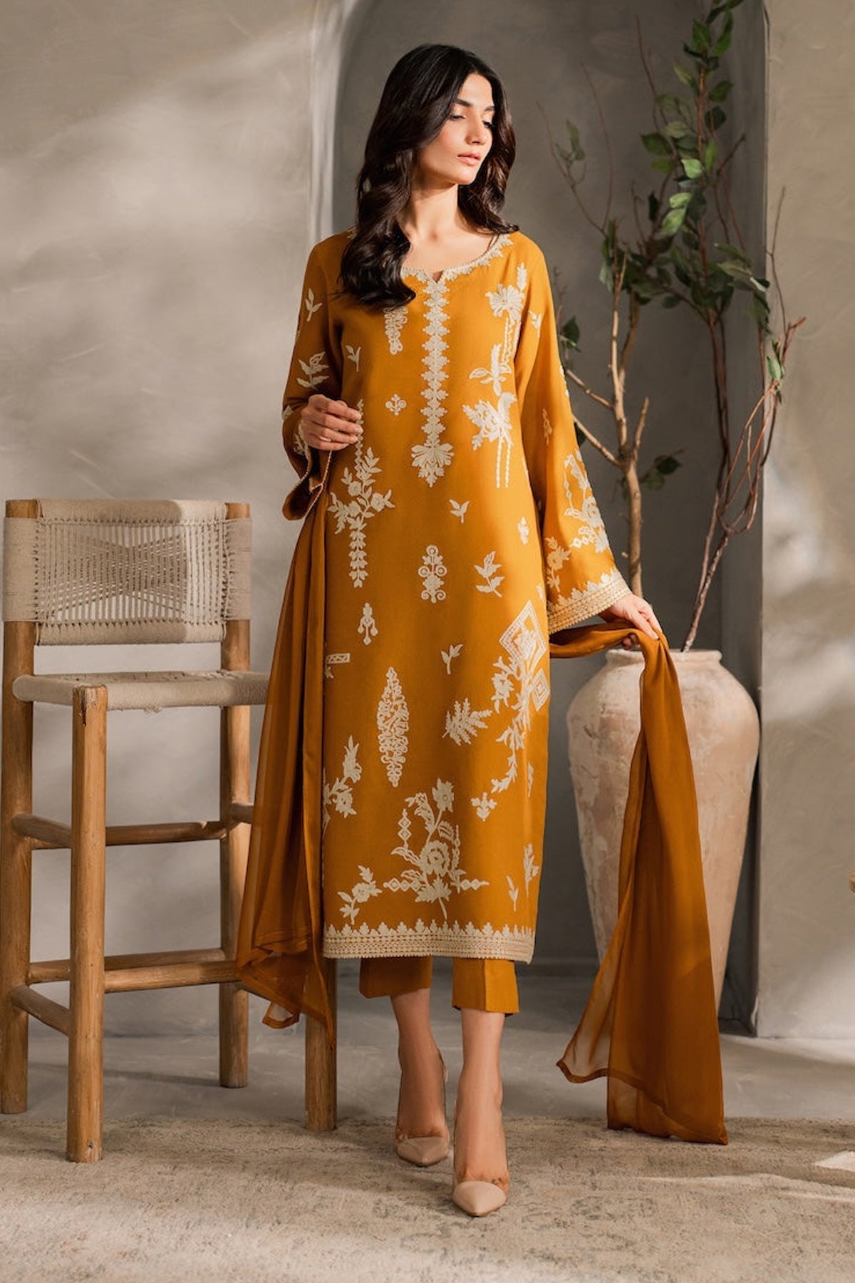 MIRANA-3PC DHANAK EMBROIDERED SHIRT WITH BAMBER CHIFFON DUPATTA AND TROUSER (SYT-158)