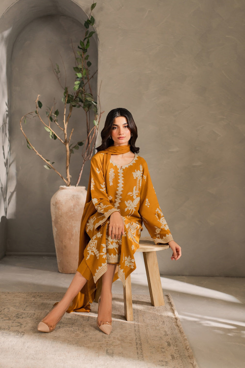 MIRANA-3PC DHANAK EMBROIDERED SHIRT WITH BAMBER CHIFFON DUPATTA AND TROUSER (SYT-158)