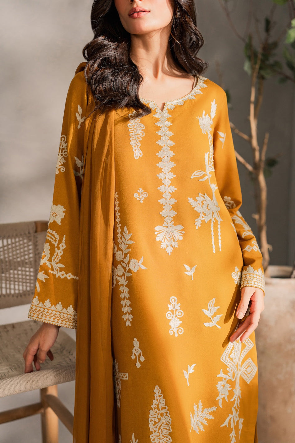 MIRANA-3PC DHANAK EMBROIDERED SHIRT WITH BAMBER CHIFFON DUPATTA AND TROUSER (SYT-158)