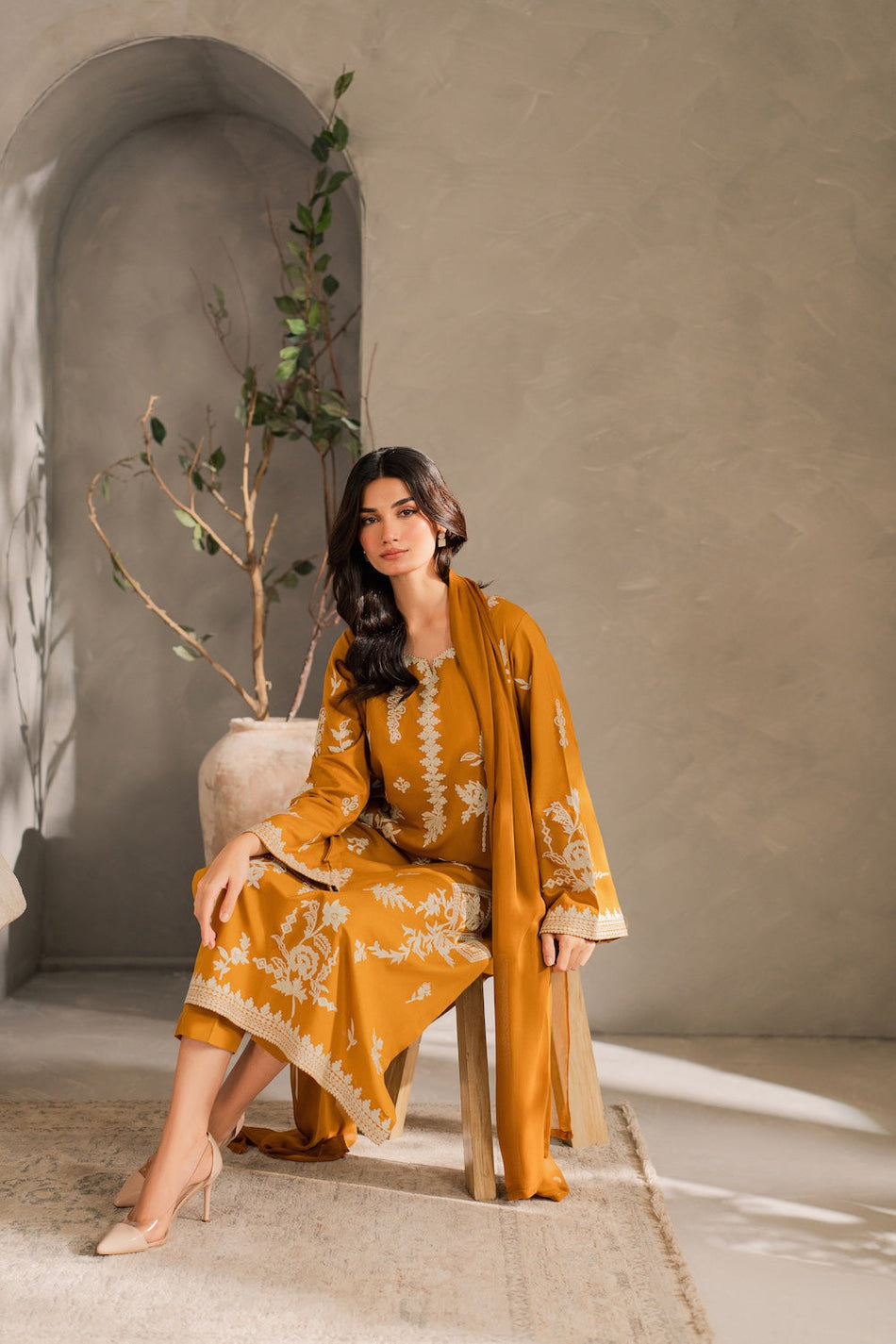 MIRANA-3PC DHANAK EMBROIDERED SHIRT WITH BAMBER CHIFFON DUPATTA AND TROUSER (SYT-158)
