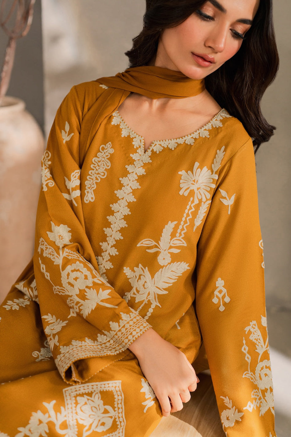 MIRANA-3PC DHANAK EMBROIDERED SHIRT WITH BAMBER CHIFFON DUPATTA AND TROUSER (SYT-158)
