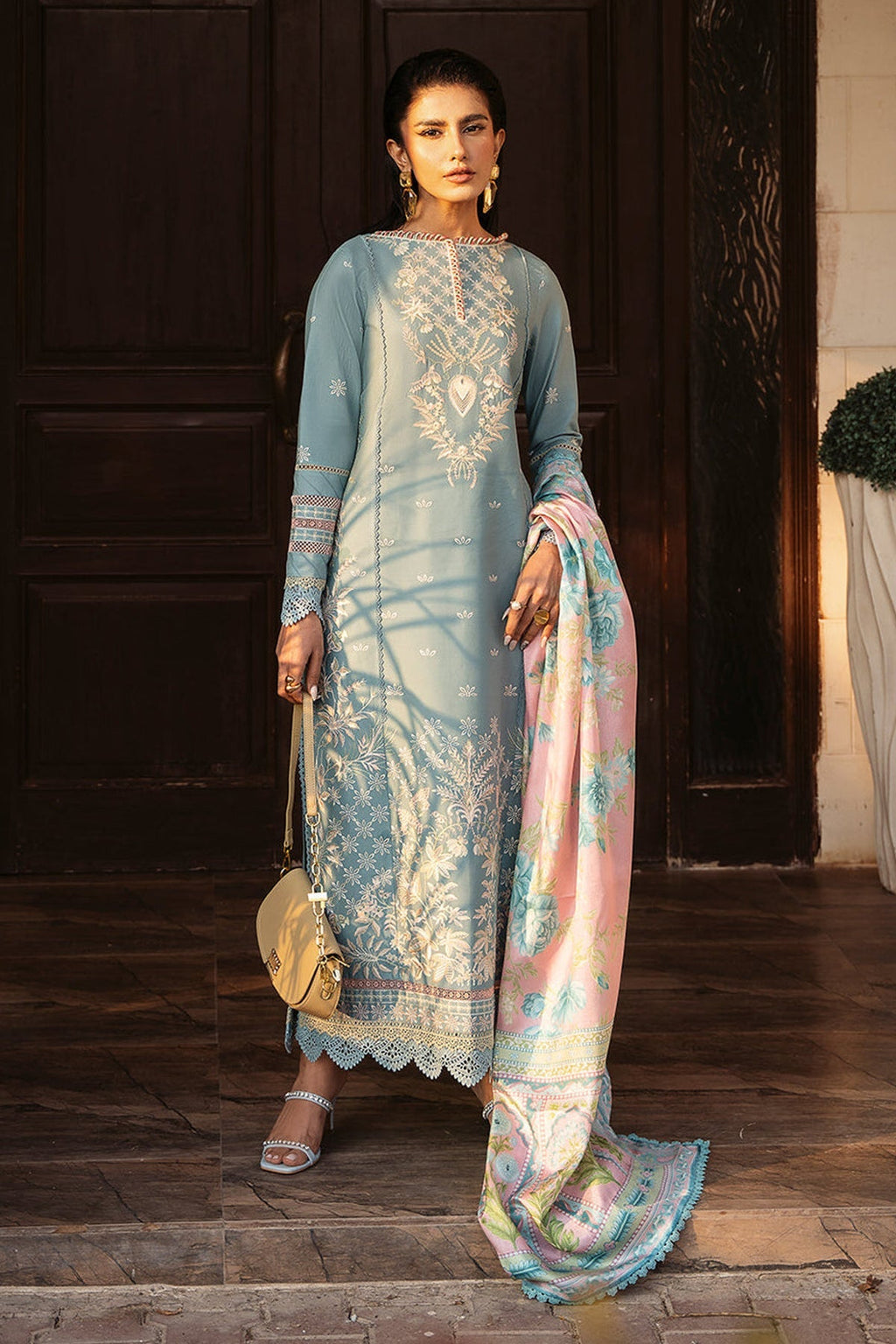 BIN ILYAS-3PC DHANAK SEQUENCE EMBROIDERED SHIRT WITH COUTRAI PRINTED SHAWL & DHANAK TOUSER (SYT-160)