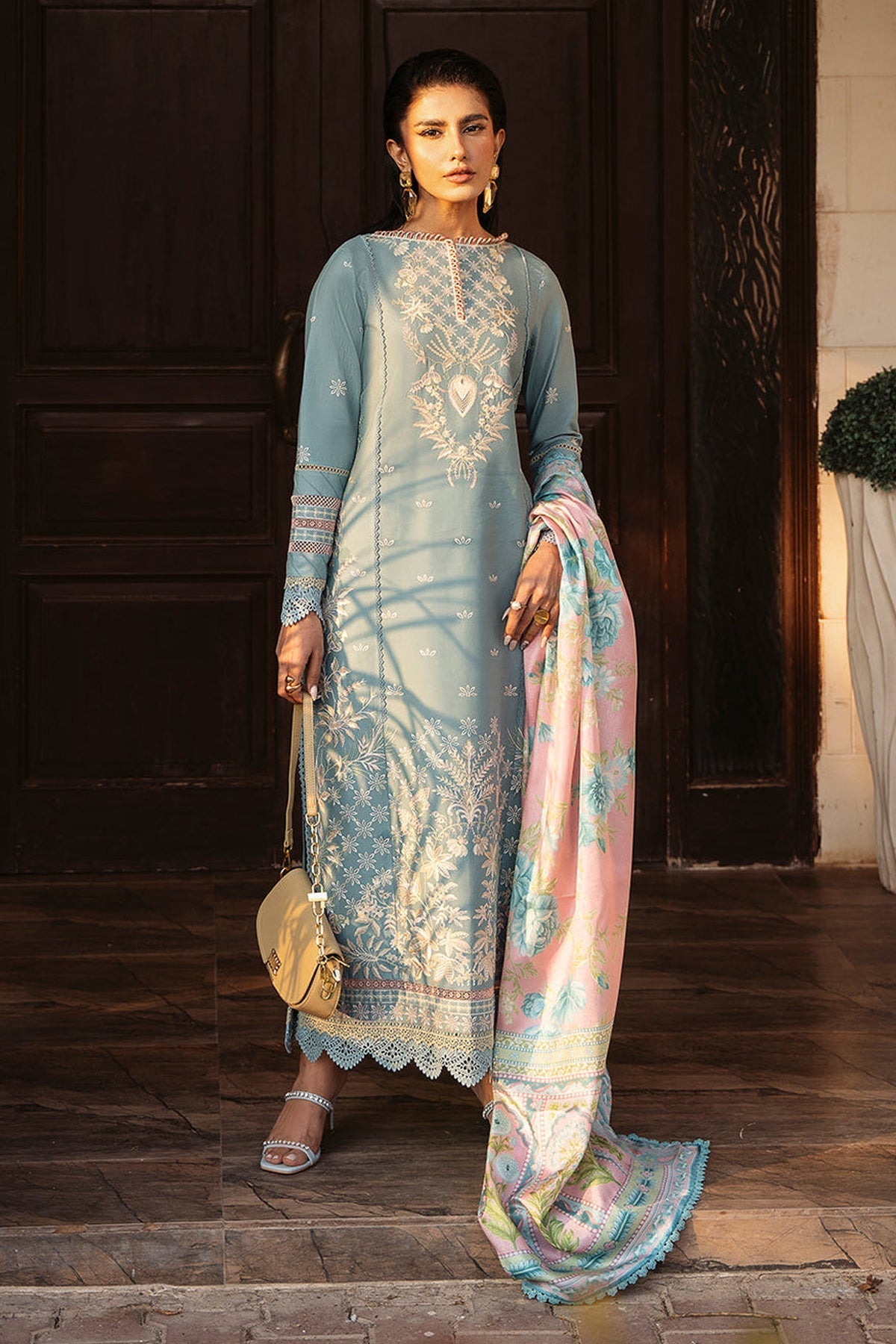 BIN ILYAS-3PC DHANAK SEQUENCE EMBROIDERED SHIRT WITH COUTRAI PRINTED SHAWL & DHANAK TOUSER (SYT-160)