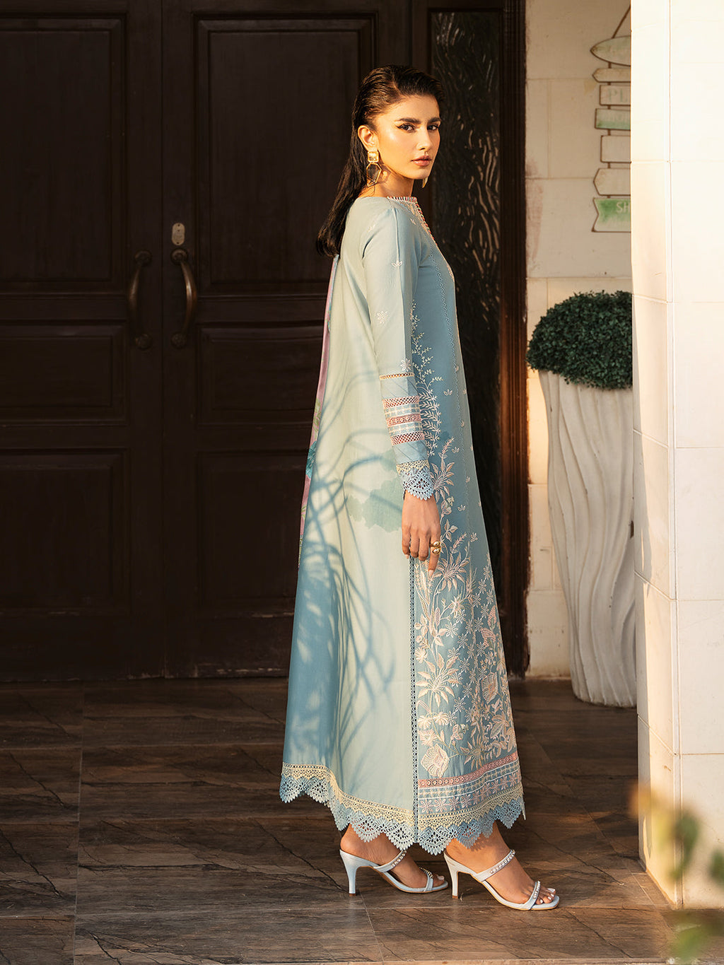 BIN ILYAS-3PC DHANAK SEQUENCE EMBROIDERED SHIRT WITH COUTRAI PRINTED SHAWL & DHANAK TOUSER (SYT-160)