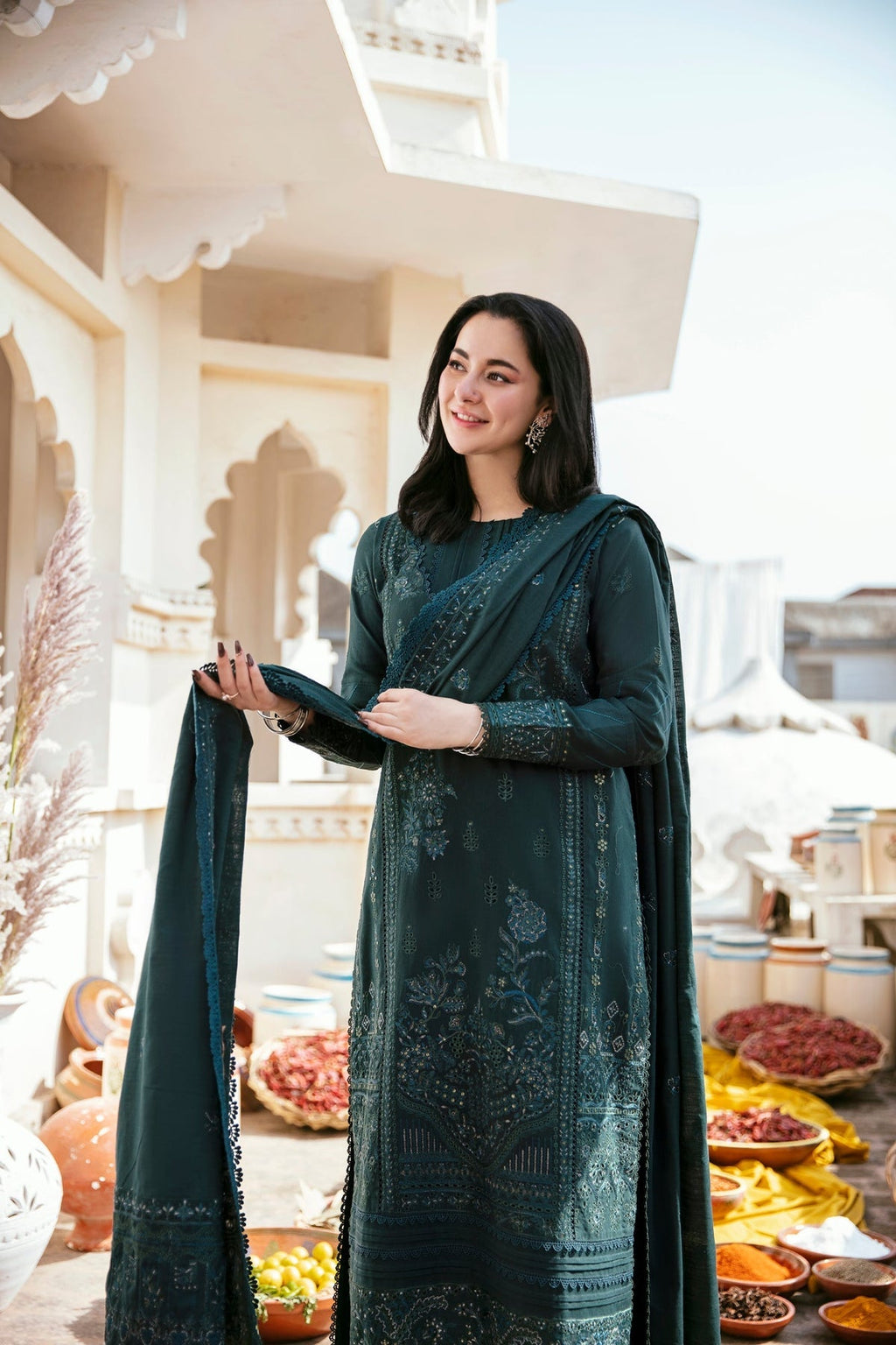 FLORENT-3PC DHANAK EMBROIDERED SHIRT WITH DHANAK EMBROIDERED SHAWL & TROUSER (SYT-161)