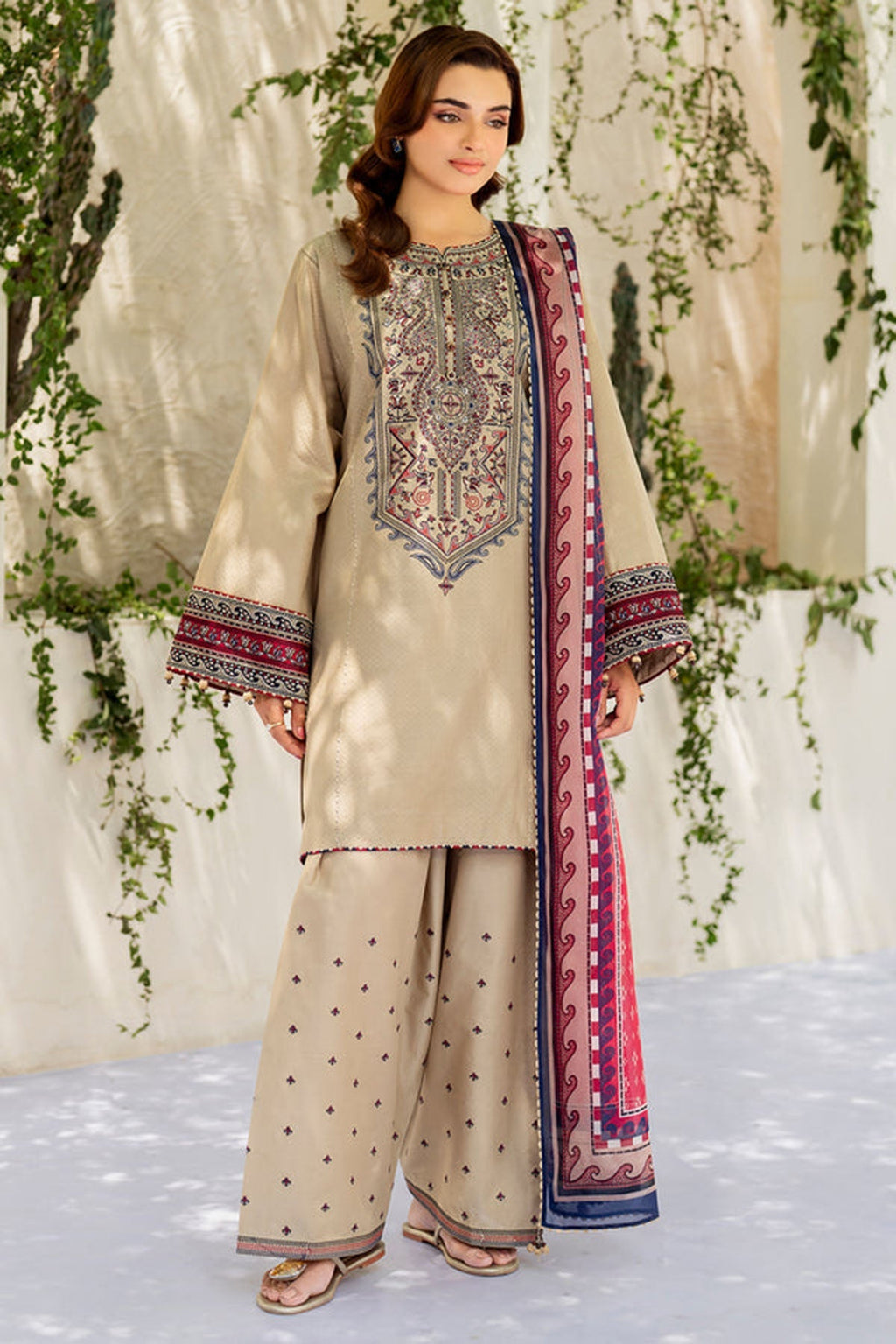 JAZMIN - UNSTITCHED 3PC EMBROIDERED DHANAK SUIT WITH PRINTED COTRAI WOOL SHAWAL (SYT-167)