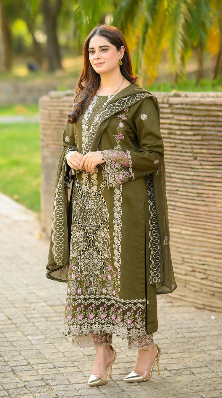 LIBAAS - UNSTITCHED 3PC KARANDI EMBROIDERED SHIRT WITH KARANDI EMBROIDERED SHAWL & EMB TROUSER (SYT-177)