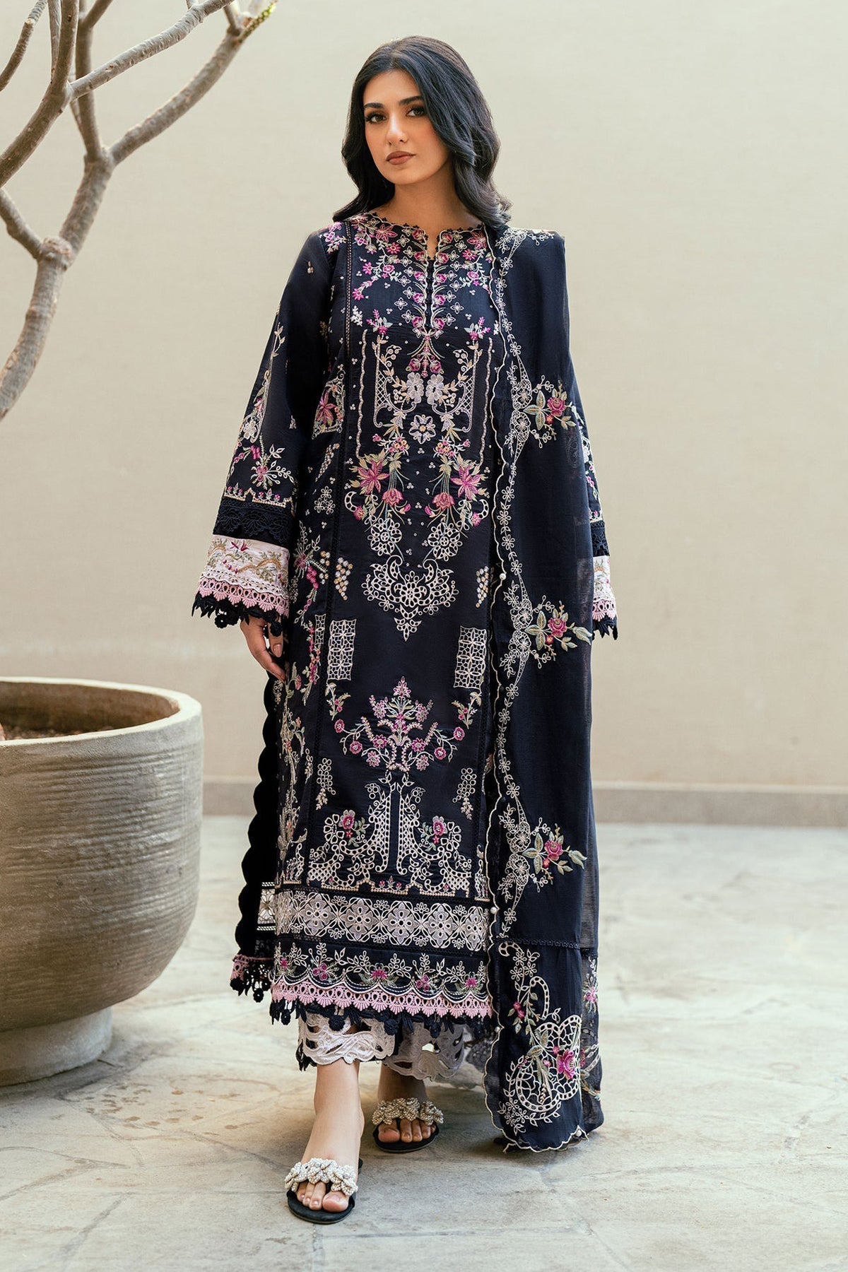 FLORENT - UNSTITCHED 3PC DHANAK EMBROIDERED SHIRT WITH CHIFFON EMBROIDERED DUPATTA & TROUSER (SYT-190)