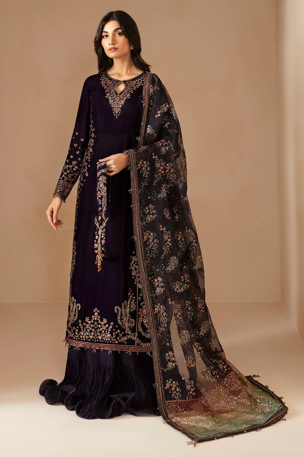 Jazmin 3PC Embroidered Velvet Suit with Embroidered Organza Dupatta (SYT-197)