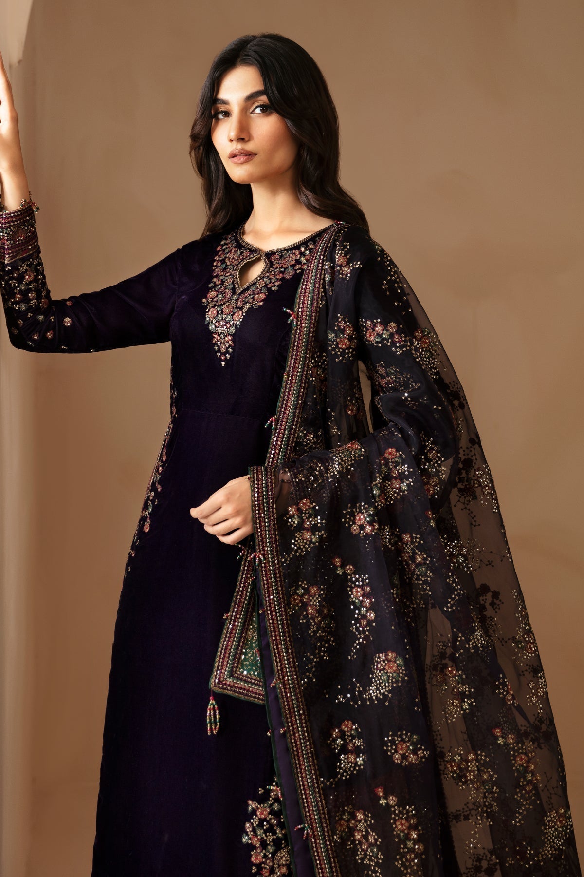 Jazmin 3PC Embroidered Velvet Suit with Embroidered Organza Dupatta (SYT-197)