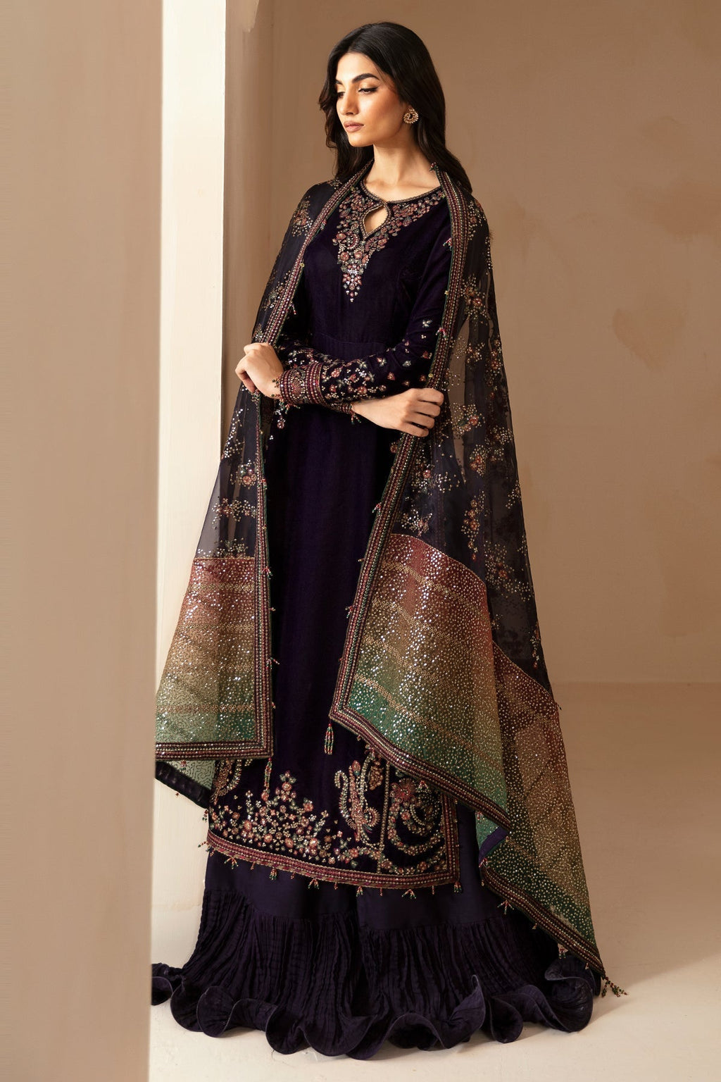 Jazmin 3PC Embroidered Velvet Suit with Embroidered Organza Dupatta (SYT-197)