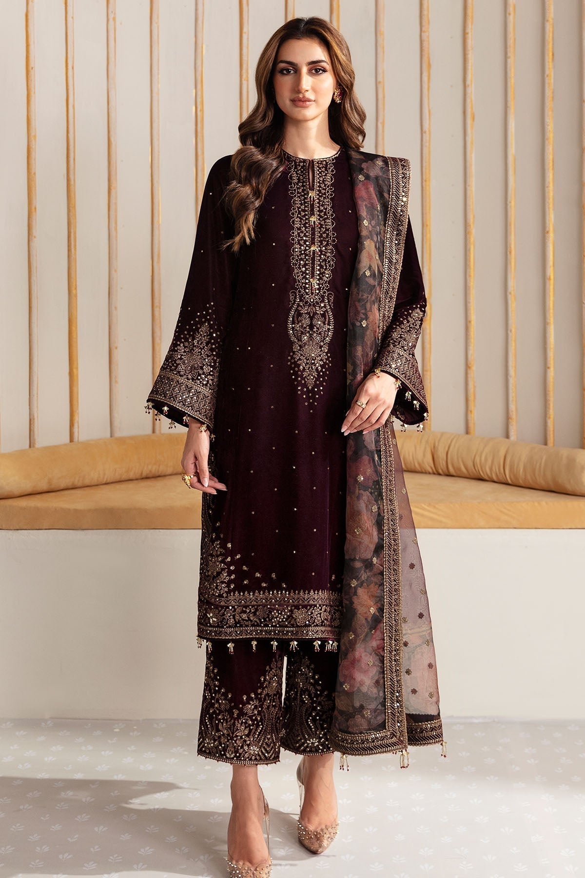 Jazmin 3PC Embroidered Velvet Suit with Embroidered Organza Dupatta (SYT-199)