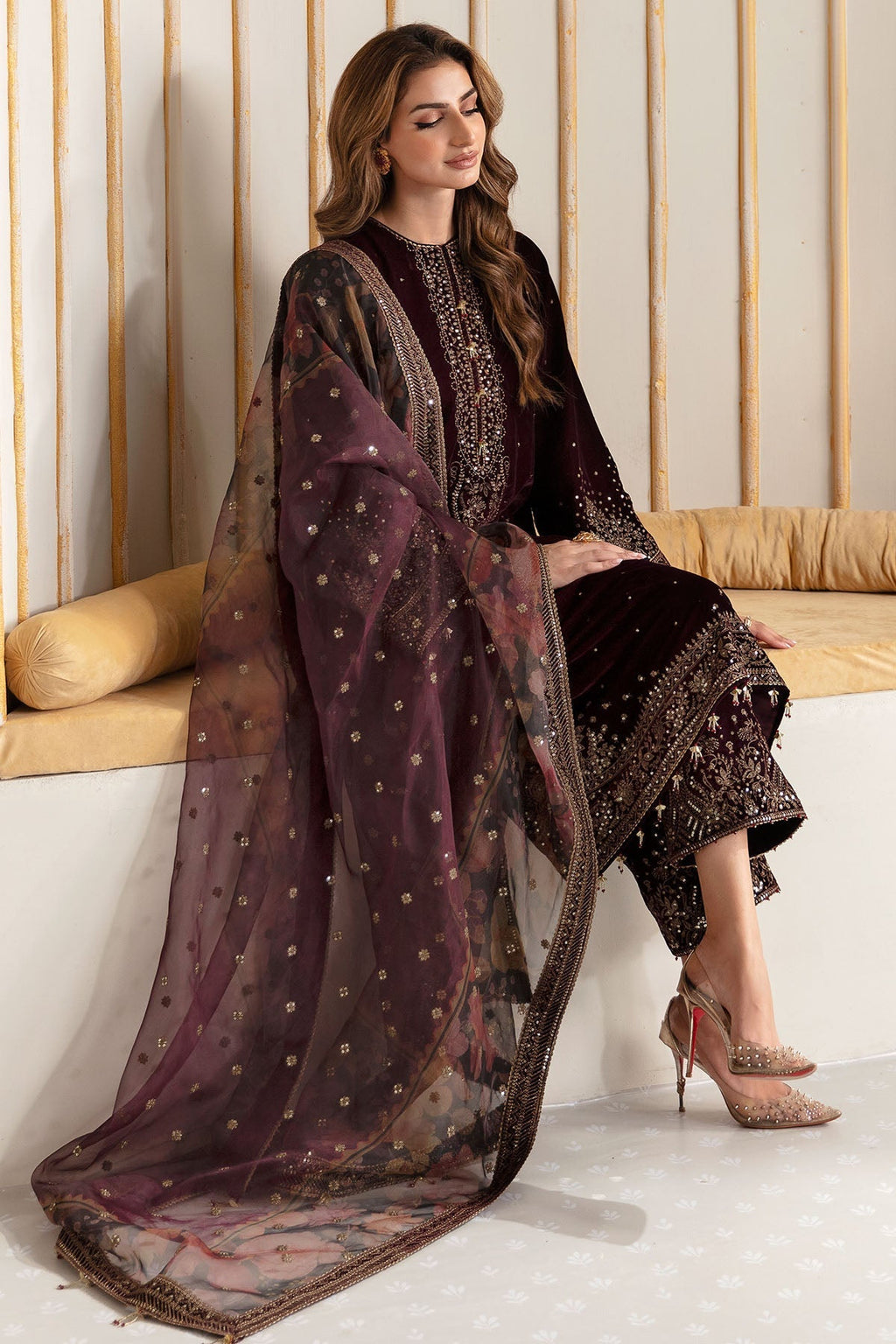 Jazmin 3PC Embroidered Velvet Suit with Embroidered Organza Dupatta (SYT-199)