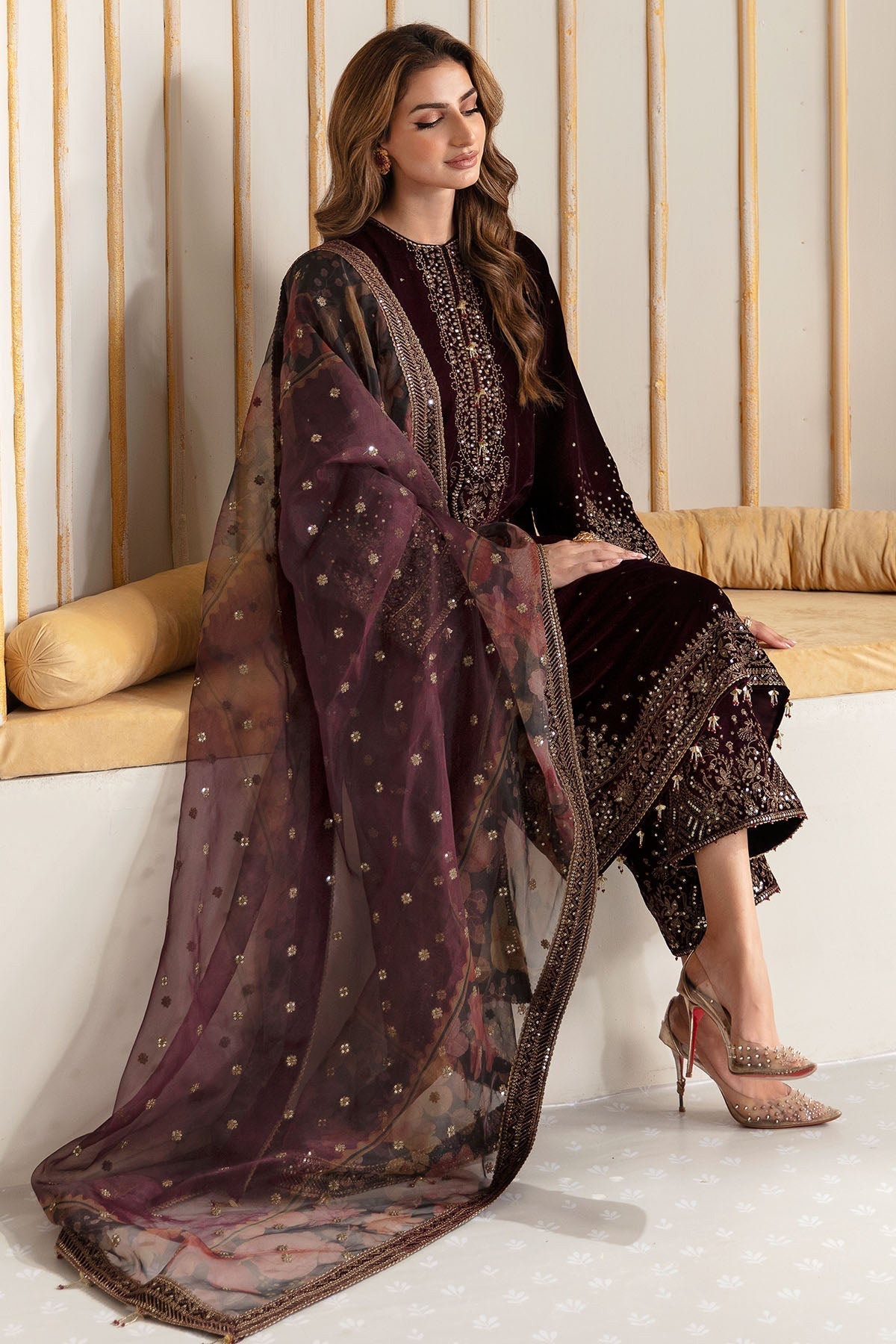 Jazmin 3PC Embroidered Velvet Suit with Embroidered Organza Dupatta (SYT-199)