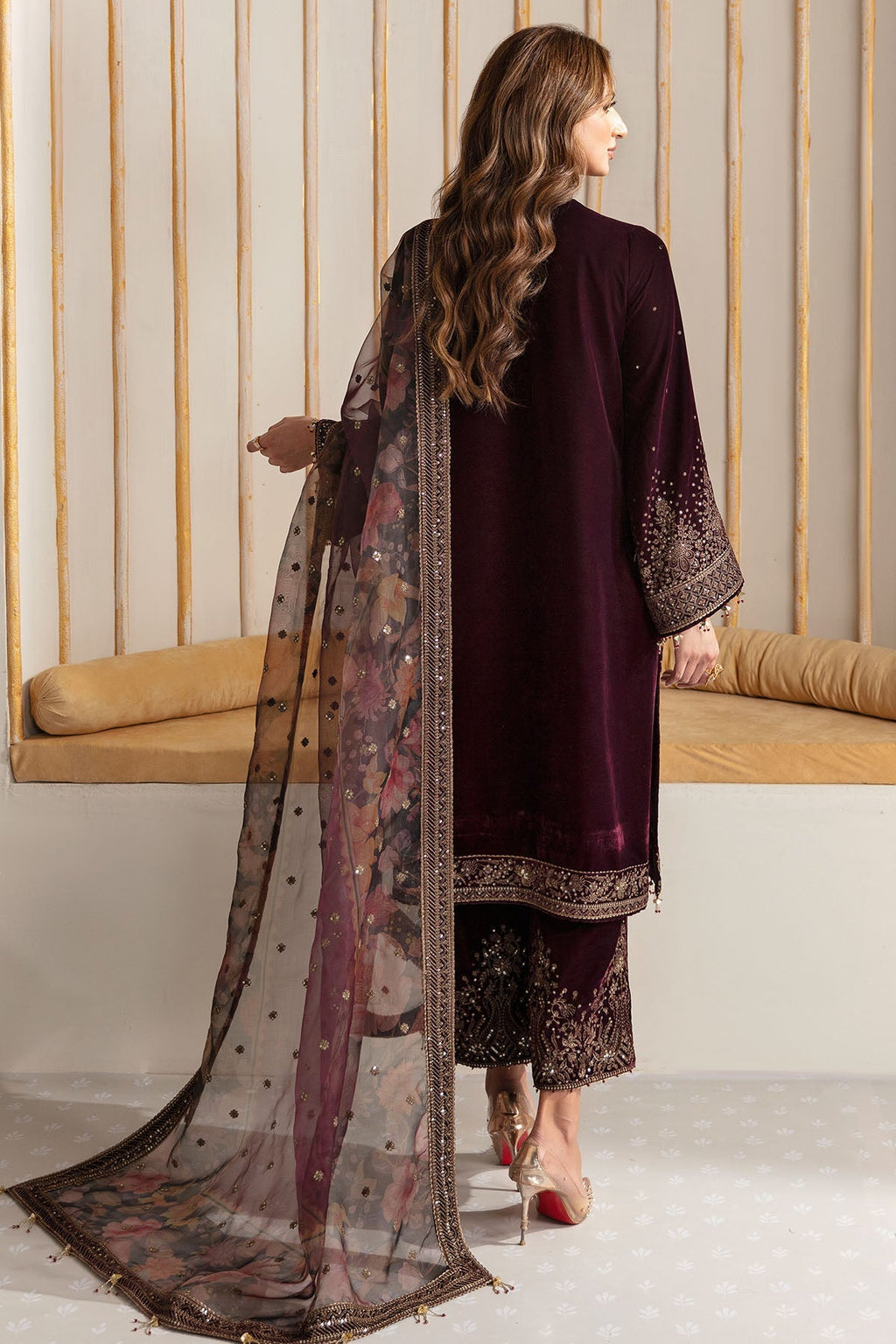 Jazmin 3PC Embroidered Velvet Suit with Embroidered Organza Dupatta (SYT-199)