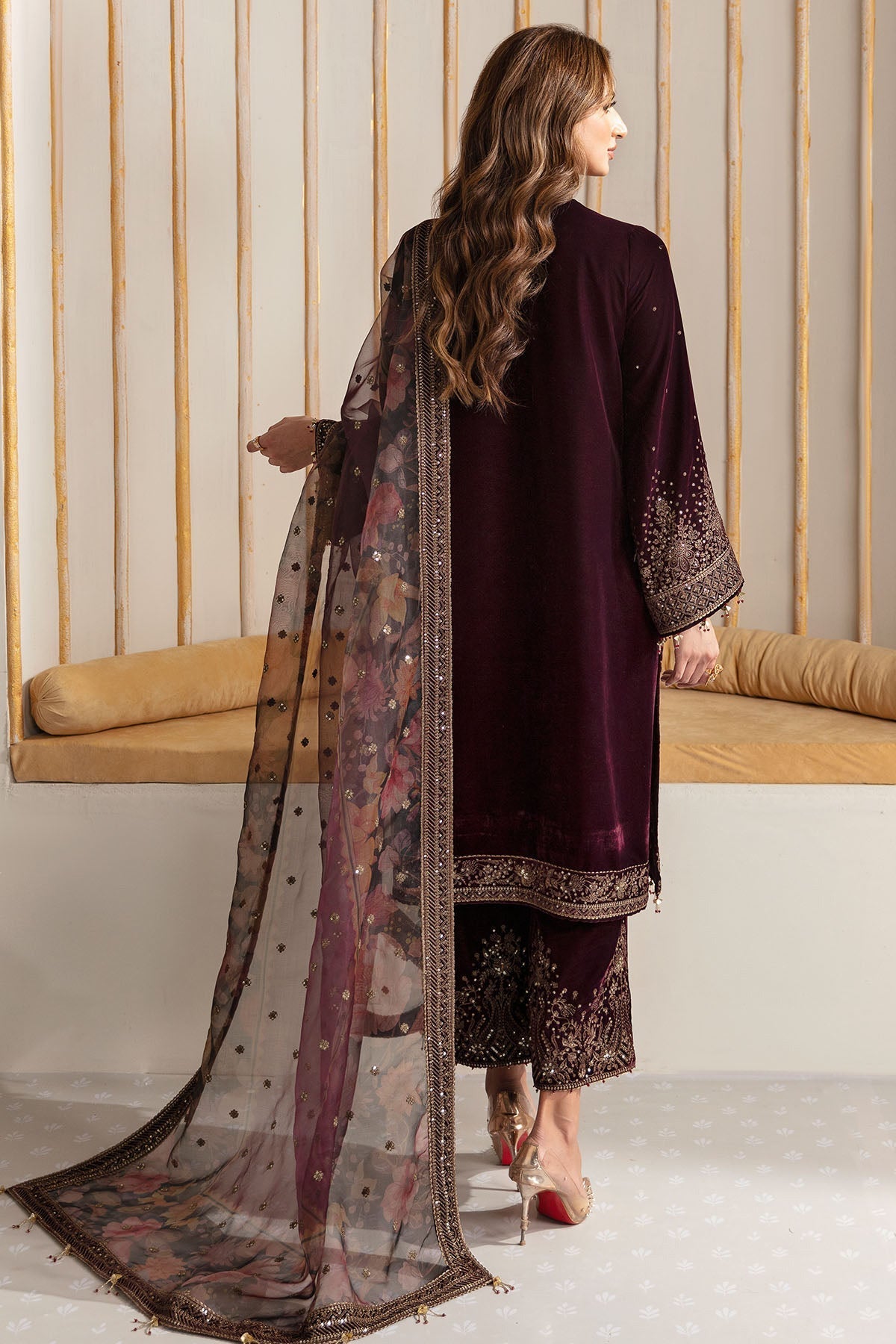 Jazmin 3PC Embroidered Velvet Suit with Embroidered Organza Dupatta (SYT-199)