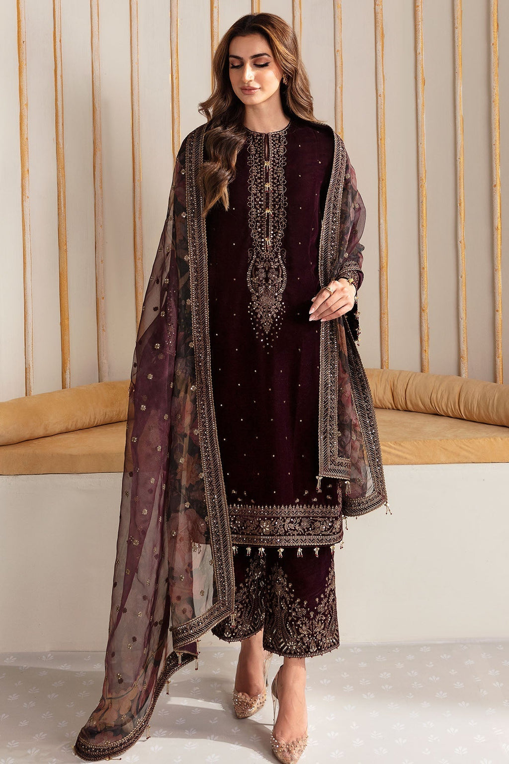 Jazmin 3PC Embroidered Velvet Suit with Embroidered Organza Dupatta (SYT-199)
