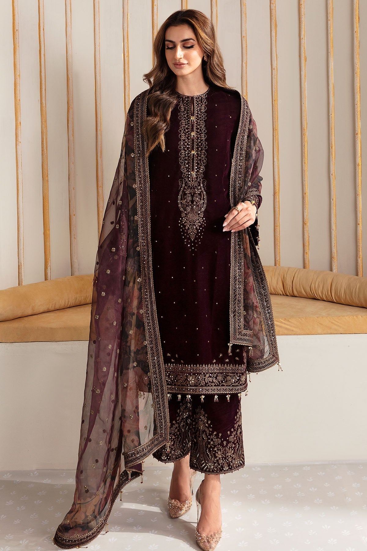 Jazmin 3PC Embroidered Velvet Suit with Embroidered Organza Dupatta (SYT-199)