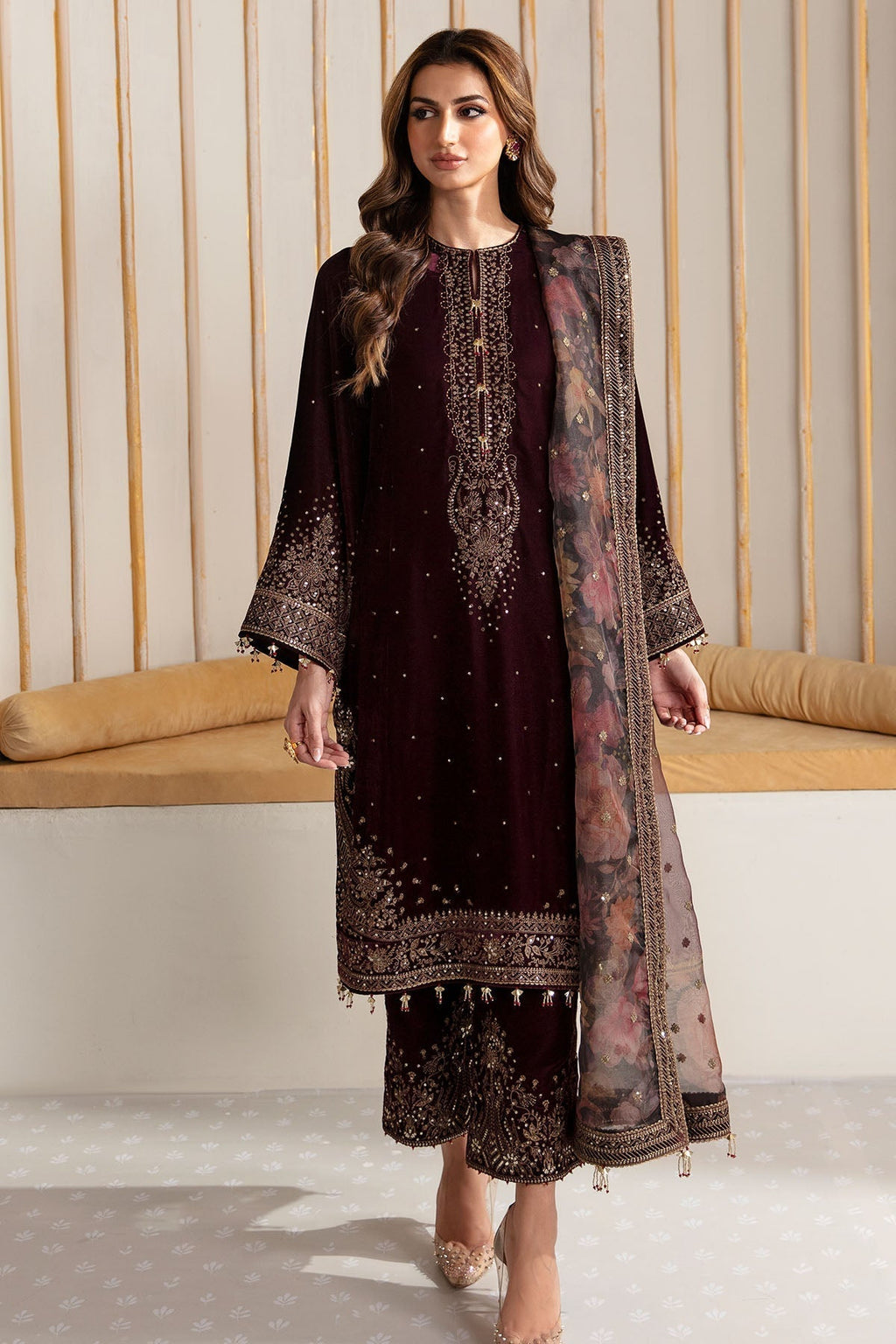 Jazmin 3PC Embroidered Velvet Suit with Embroidered Organza Dupatta (SYT-199)