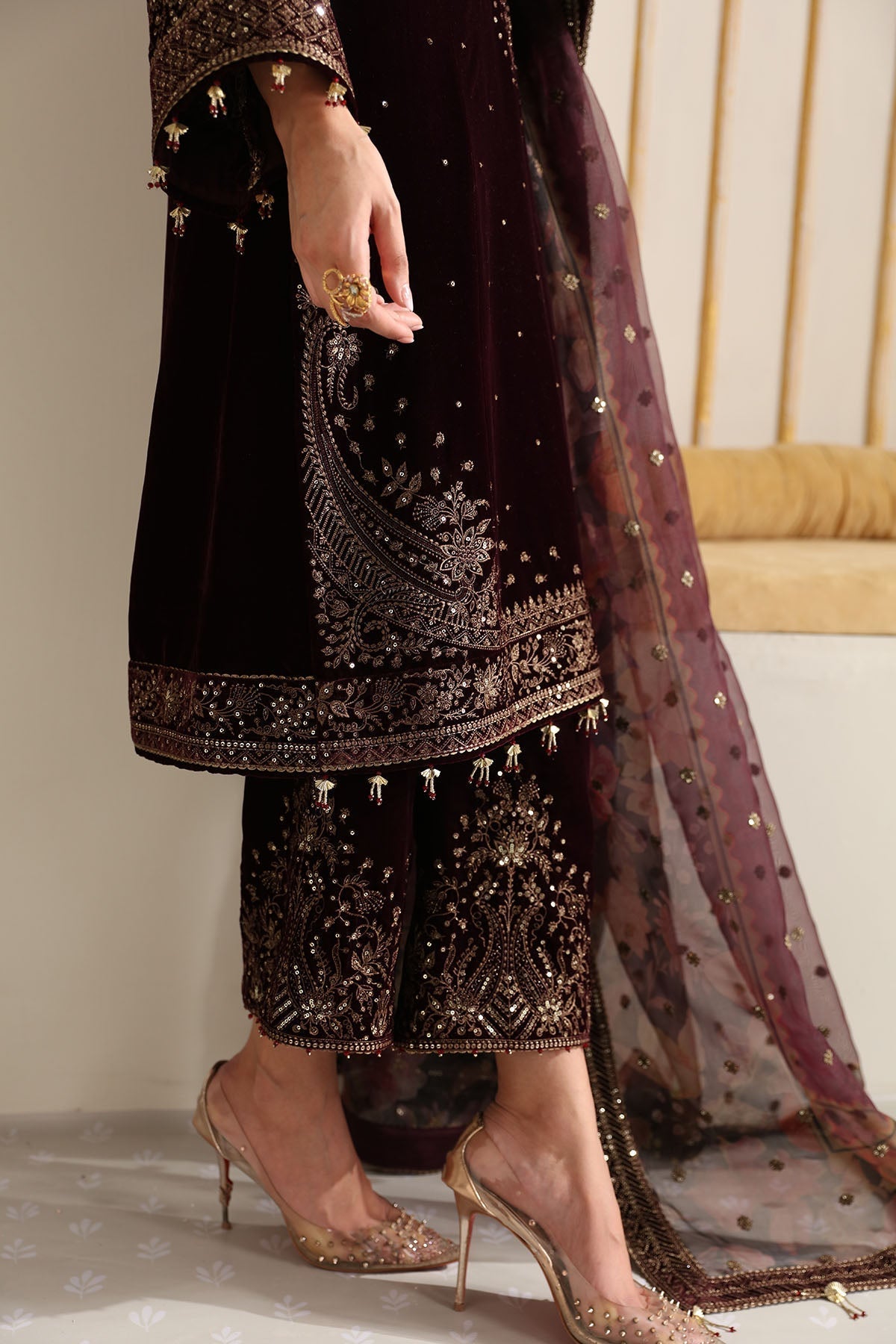 Jazmin 3PC Embroidered Velvet Suit with Embroidered Organza Dupatta (SYT-199)