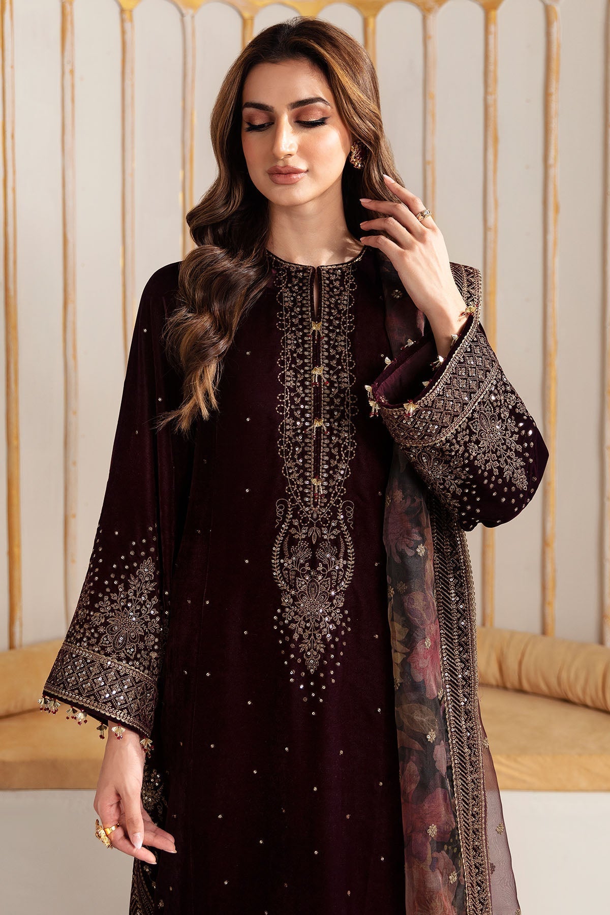 Jazmin 3PC Embroidered Velvet Suit with Embroidered Organza Dupatta (SYT-199)