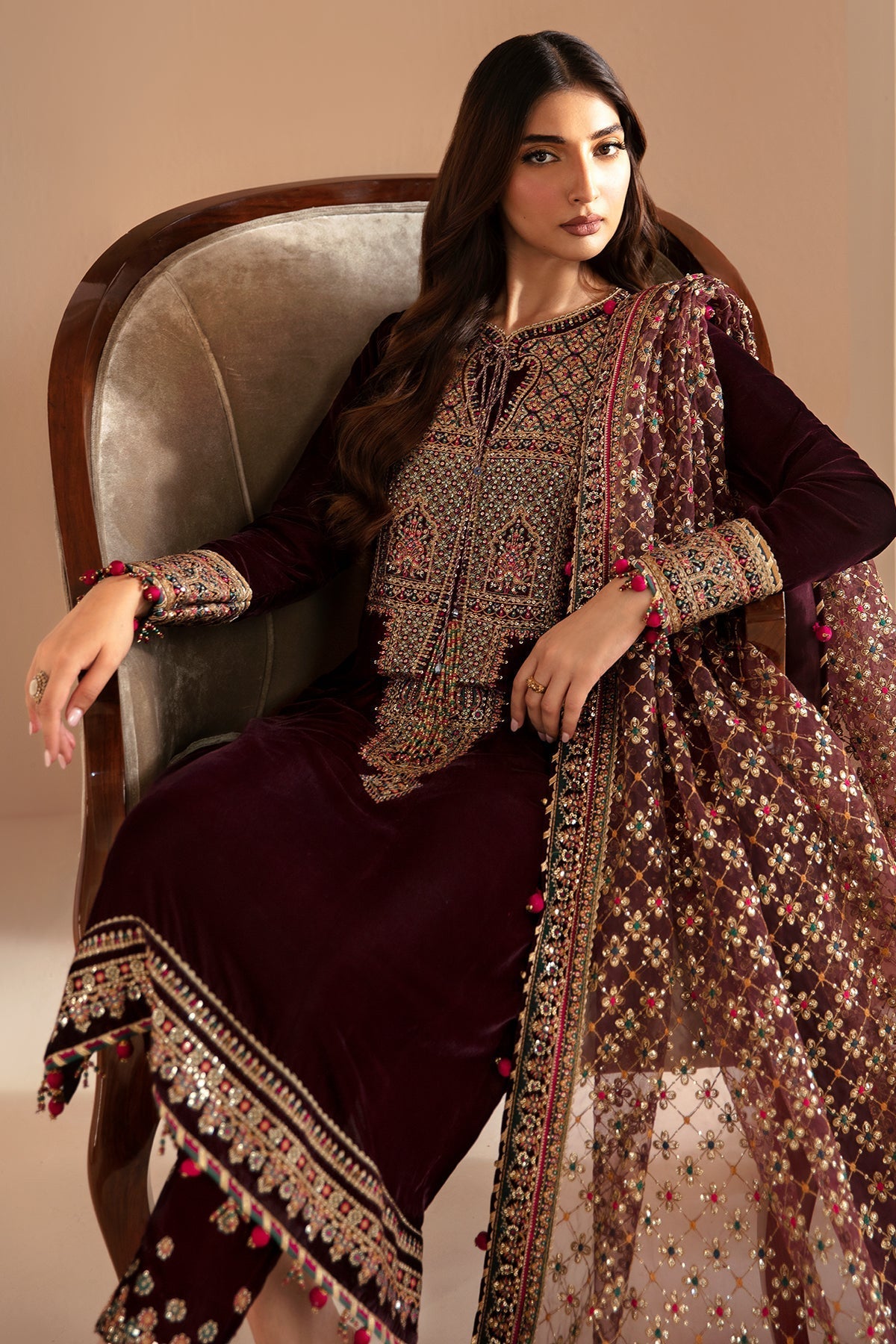 Jazmin 3PC Embroidered Velvet Suit with Embroidered Organza Dupatta (SYT-201)
