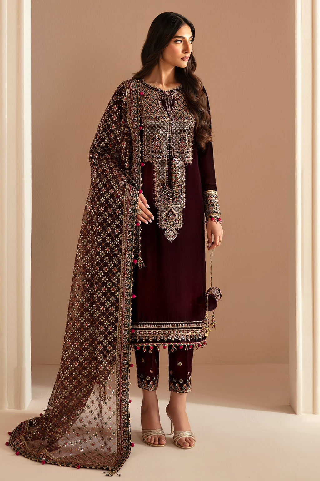 Jazmin 3PC Embroidered Velvet Suit with Embroidered Organza Dupatta (SYT-201)