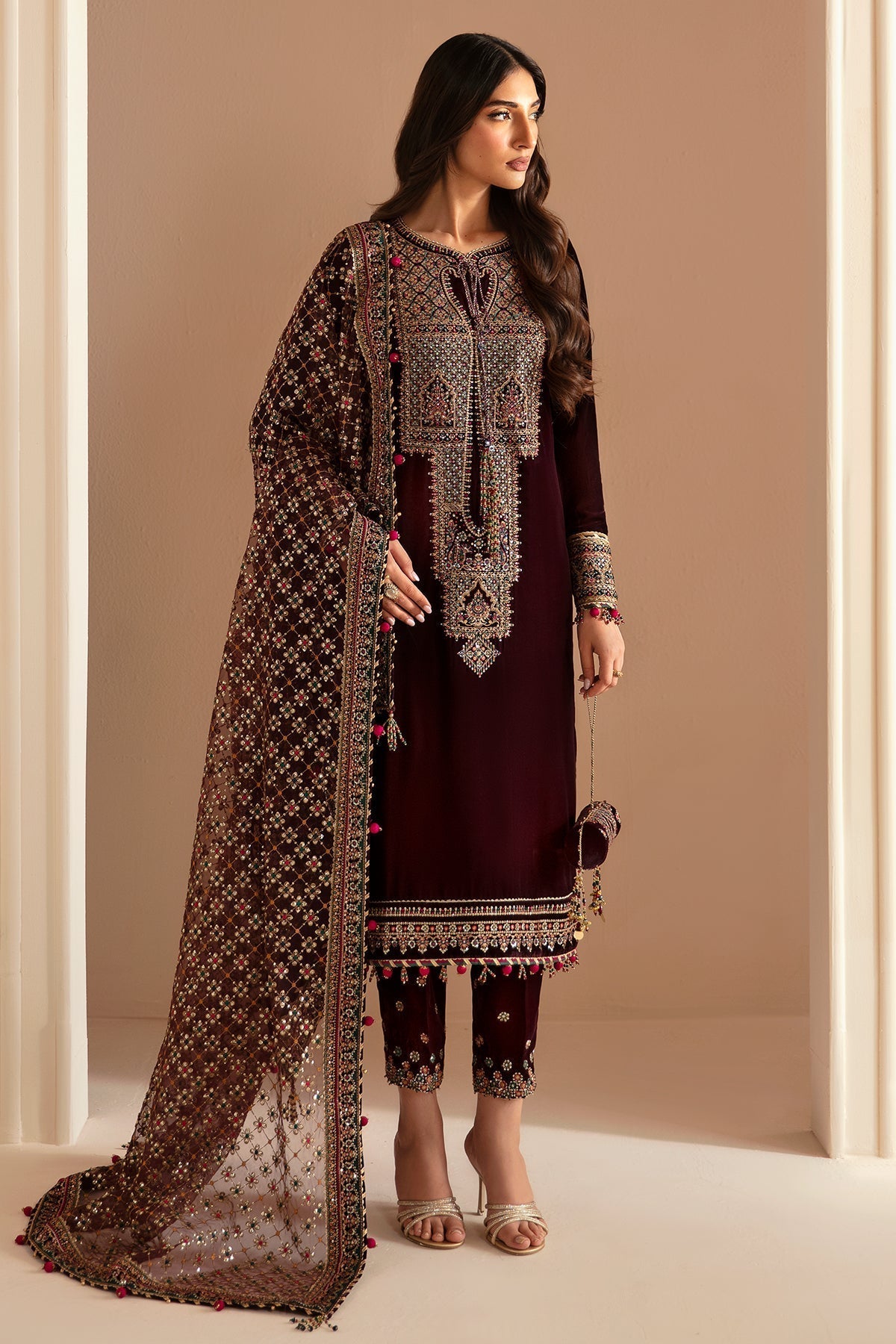 Jazmin 3PC Embroidered Velvet Suit with Embroidered Organza Dupatta (SYT-201)