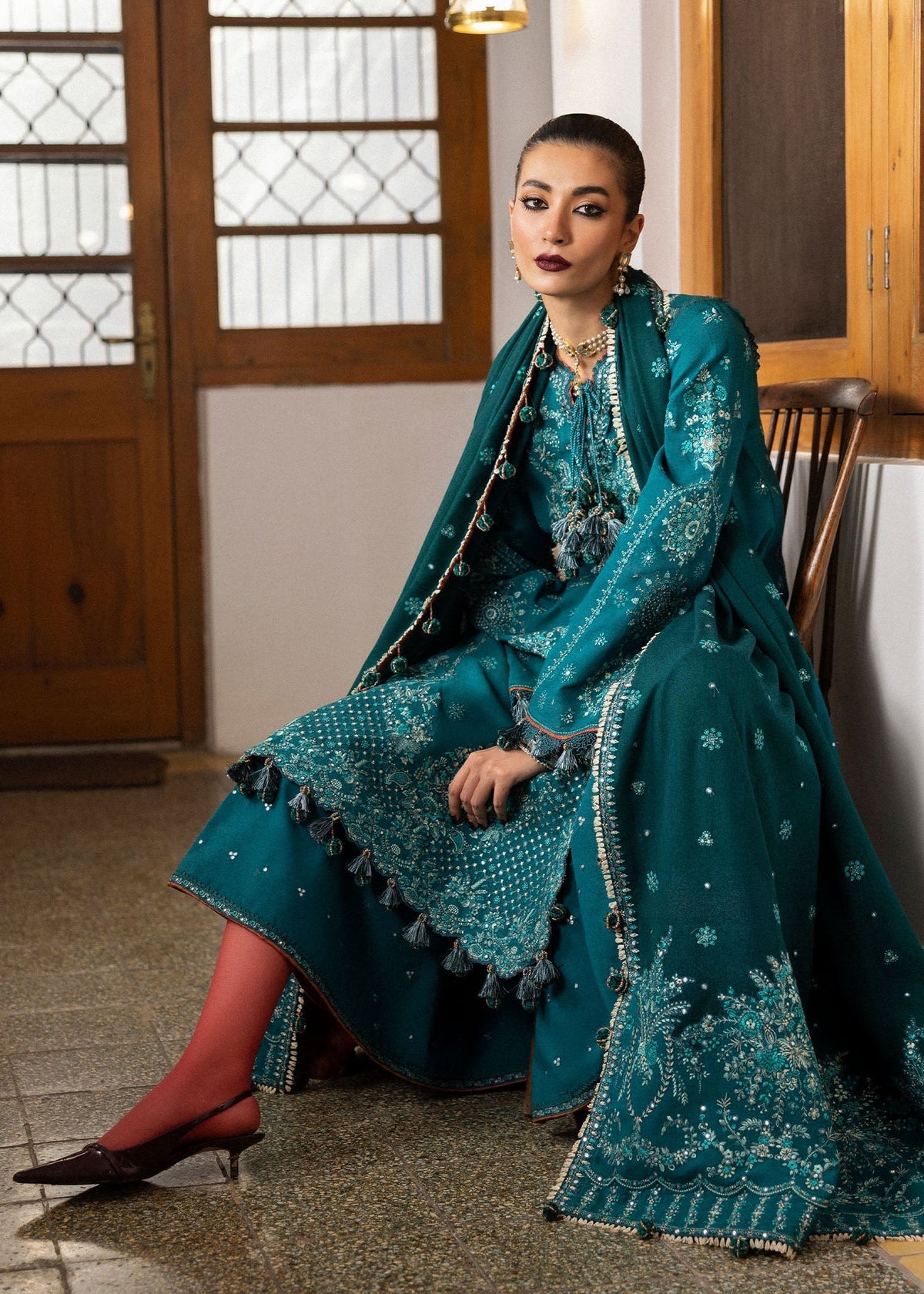 HUSSAIN REHAR - LUXURY UNSTITCHED DHANAK EMBROIDERED 3PC WITH DHANAK EMBROIDERED SHAWL (SYT-203)