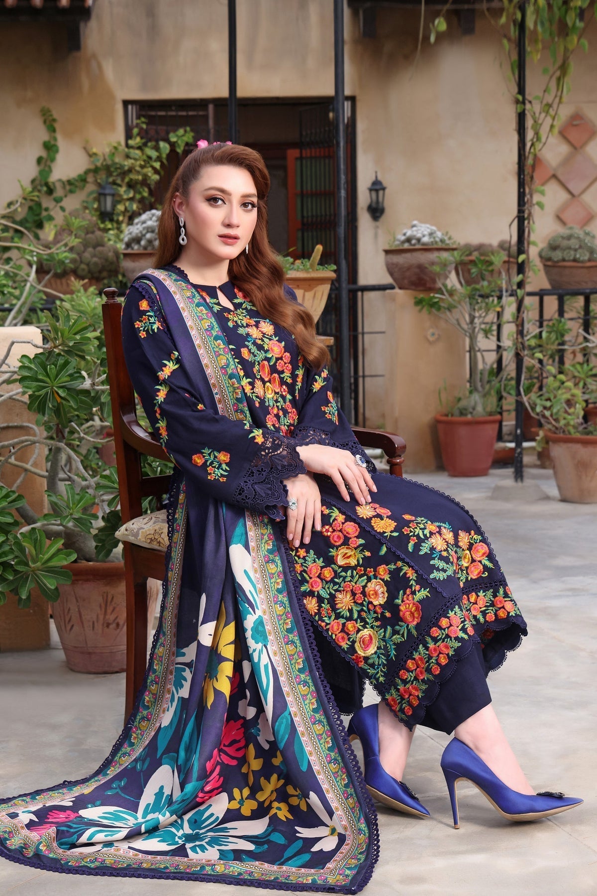 ANEELA’S - 3PC DHANAK EMBROIDERED SHIRT WITH COURTRAI PRINTED SHAWL & TROUSER (SYT-208)